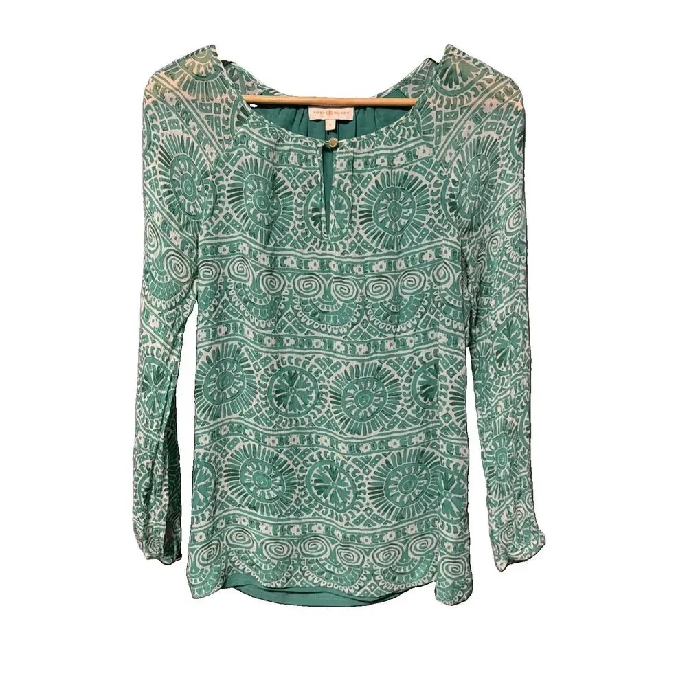 Tory Burch Green White Geometric Print Blouse Silk blend Top Gold Button Size 6